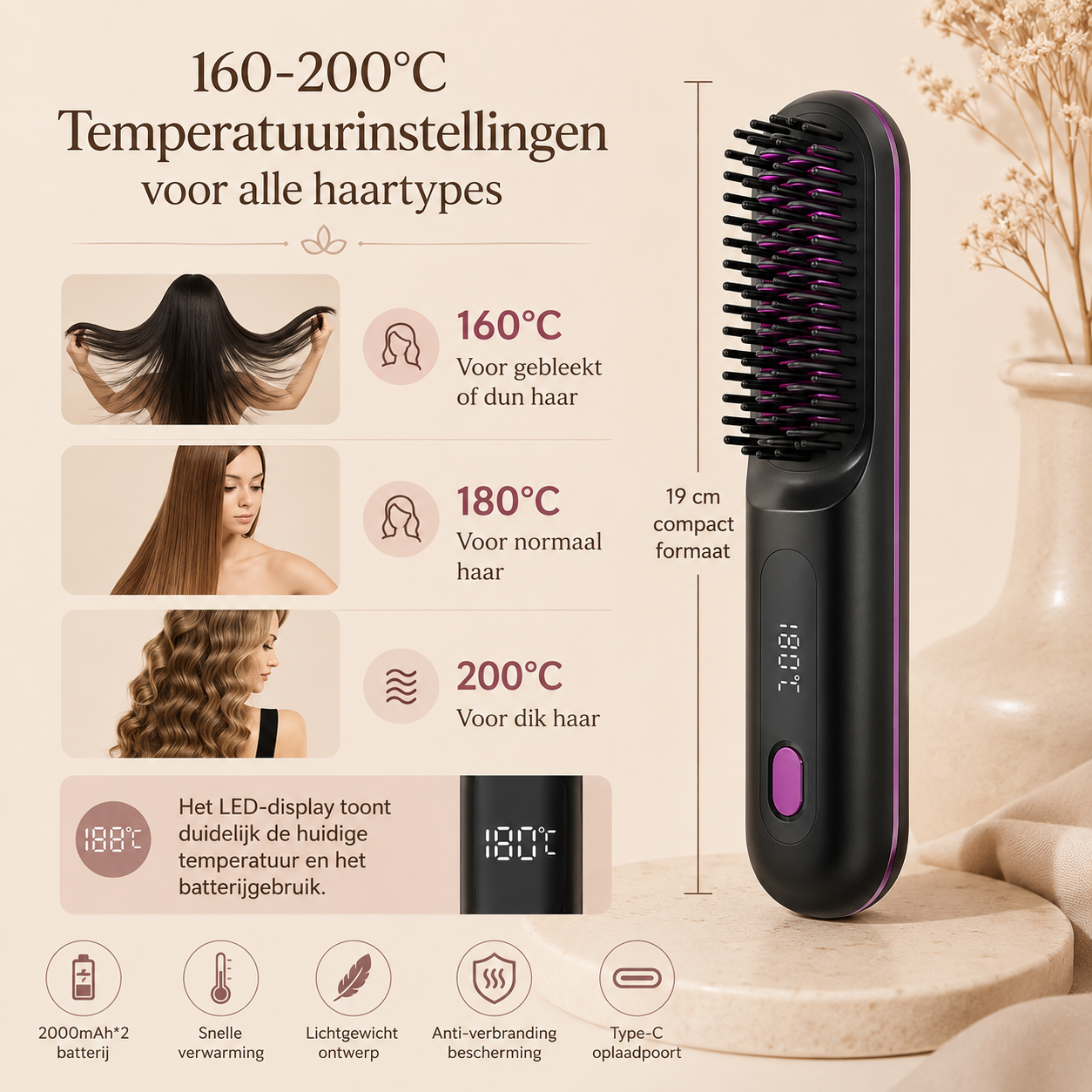 Muchavo SmoothBrush™ – Draadloze Haarstijlborstel voor Glad en Verzorgd Haar