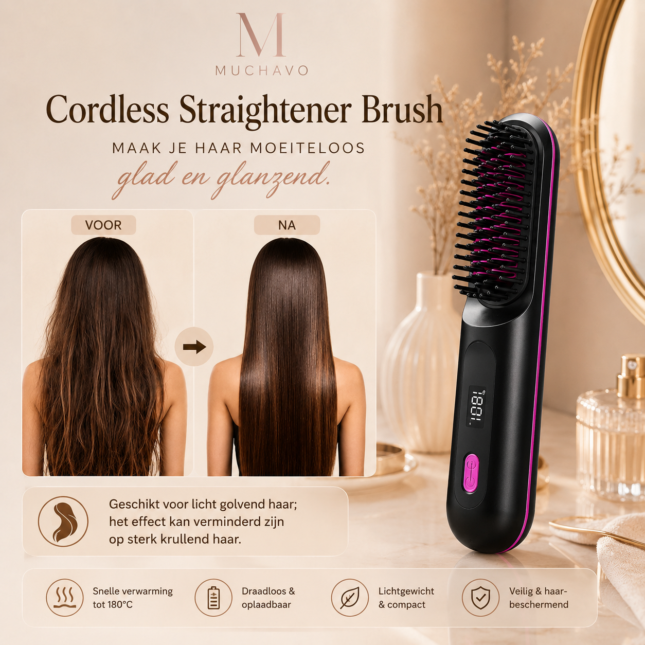 Muchavo SmoothBrush™ – Draadloze Haarstijlborstel voor Glad en Verzorgd Haar