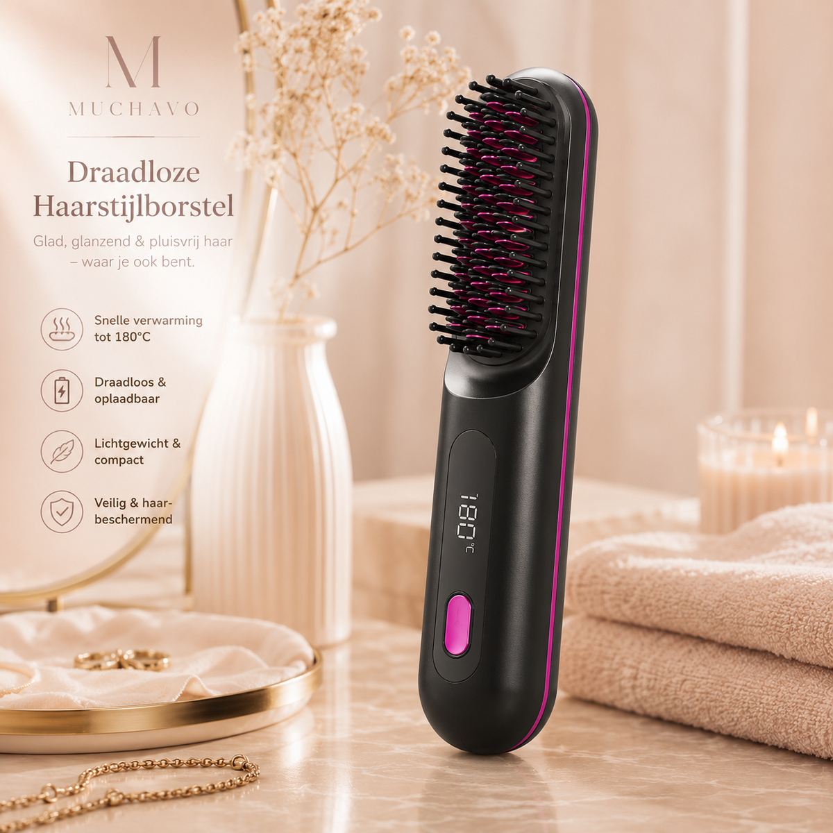 Muchavo SmoothBrush™ – Draadloze Haarstijlborstel voor Glad en Verzorgd Haar